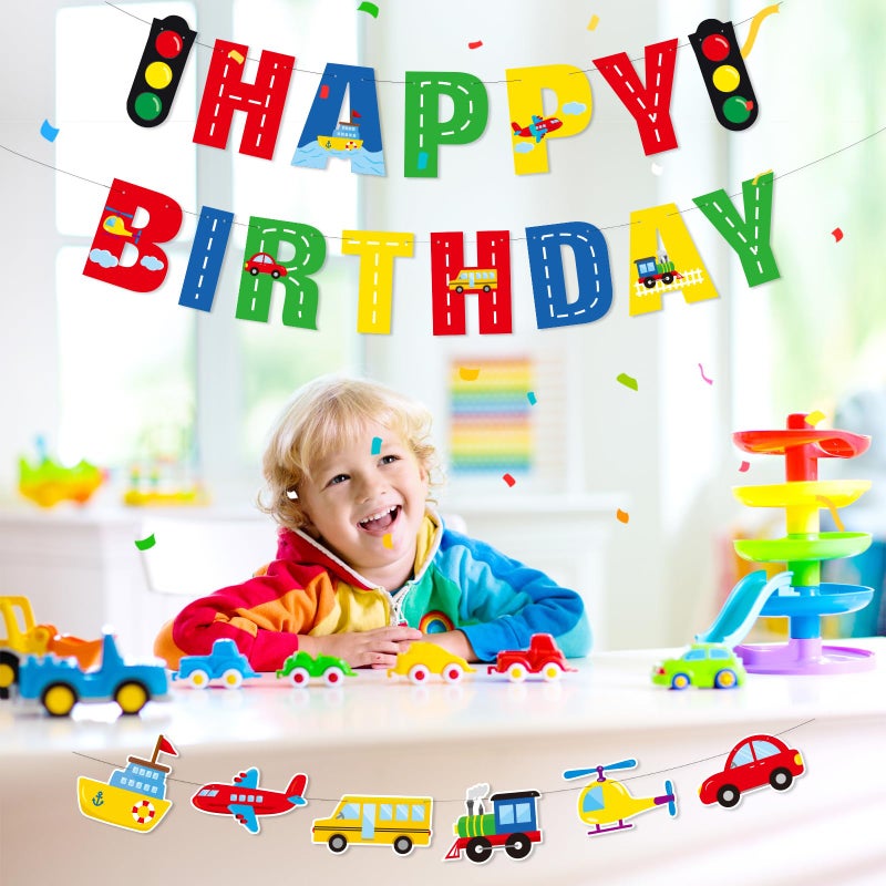 Faisichocalato Transportation Happy Birthday Banner Car Bus Train Plane Ship Helicopter Traffic Light Photo Props Garland for Kids Transportation Theme Birthday Party Decorations Baby Shower Supplies - Image 5